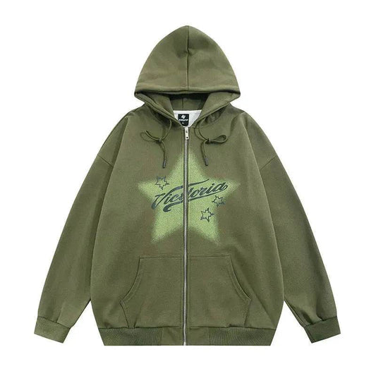 American street Star Printed Hoodie Cardigan unisex for fall winter - Velora