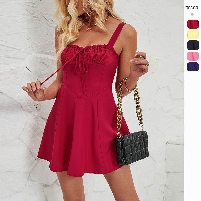 Summer Sleeveless Solid Color A-line Dress Lace-up Suspender Mini Skirt For Womens Clothing - Velora