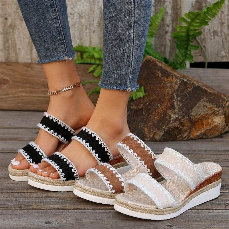 New Hemp Rope Woven Wedge Slippers Summer Ethnic Style Sandals Double Wide Strappy Shoes For Women - Velora