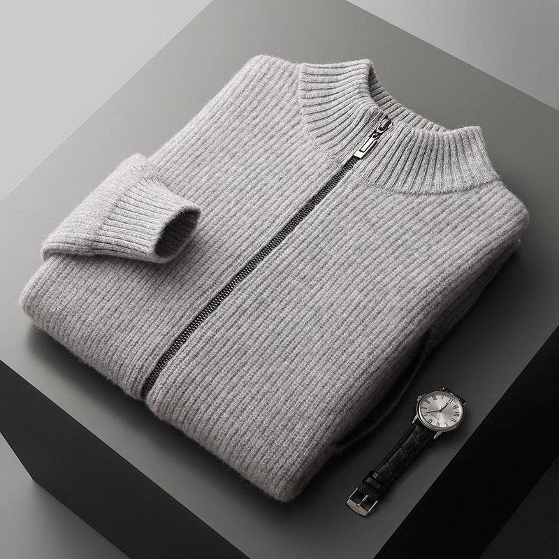 Thickened Autumn And Winter Wool Cardigan Men's Stand Collar Zipper Knitted Jacket With Pocket - Velora