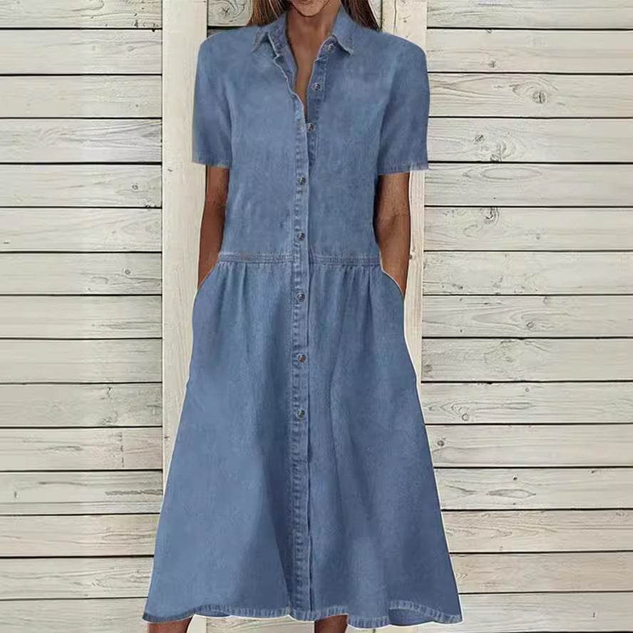 Women's European And American Lapel Casual loose button down Midi Denim jeans Mum Dress - Velora
