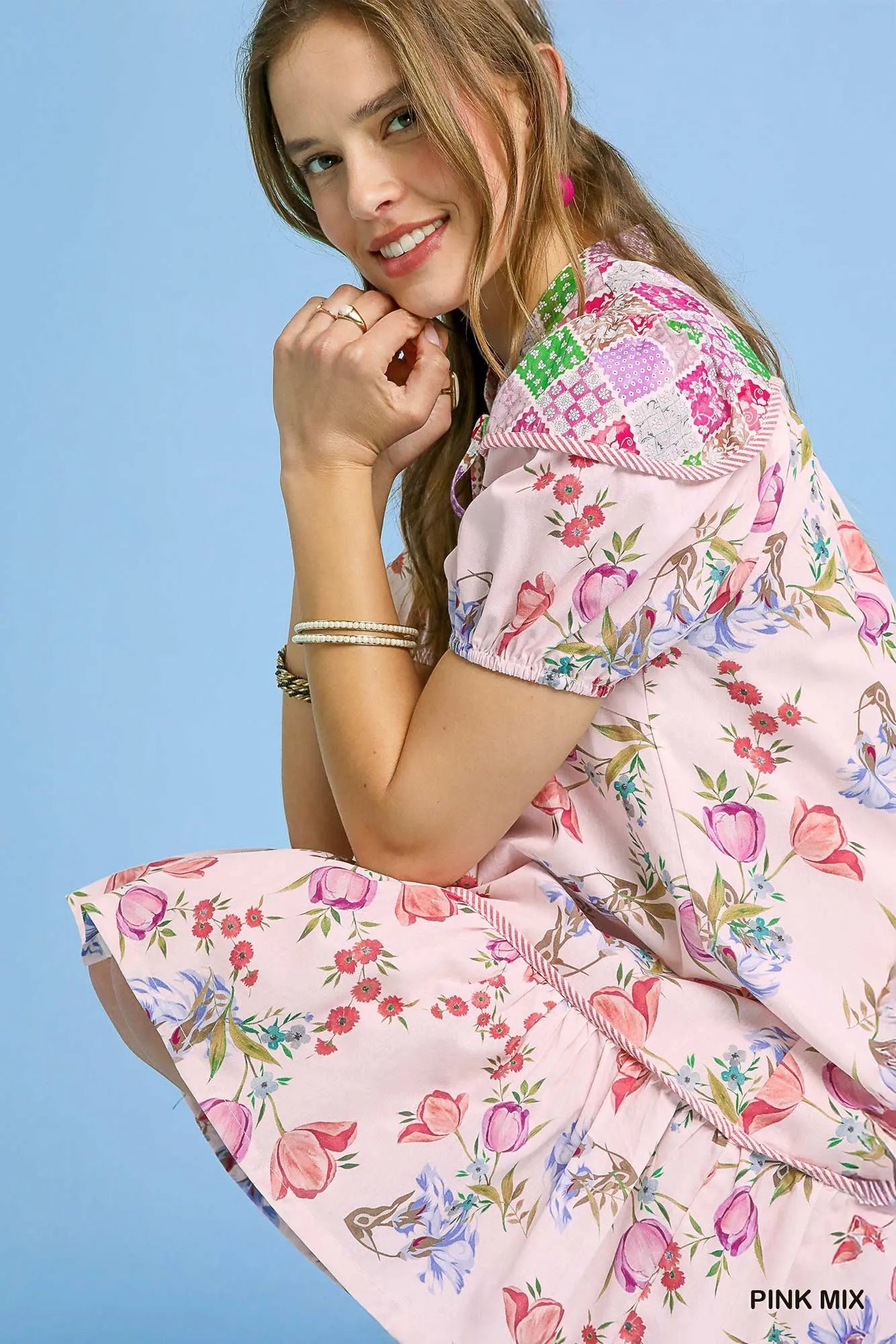 Umgee Floral Print Tie Neck Puff Sleeve Dress - Velora