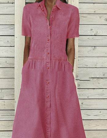 Women's European And American Lapel Casual loose button down Midi Denim jeans Mum Dress - Velora