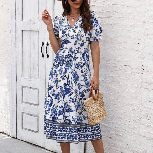 Puff Sleeve dress V Neck Blue Floral Bohemian Midi Dress - Velora