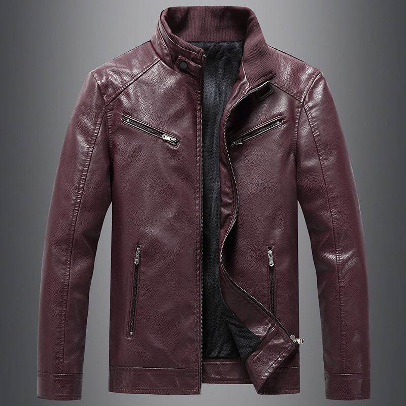 Men's Fleece Padded Coat Casual Korean-style Stand Collar PU Leather Jacket Trendy Youth - Velora