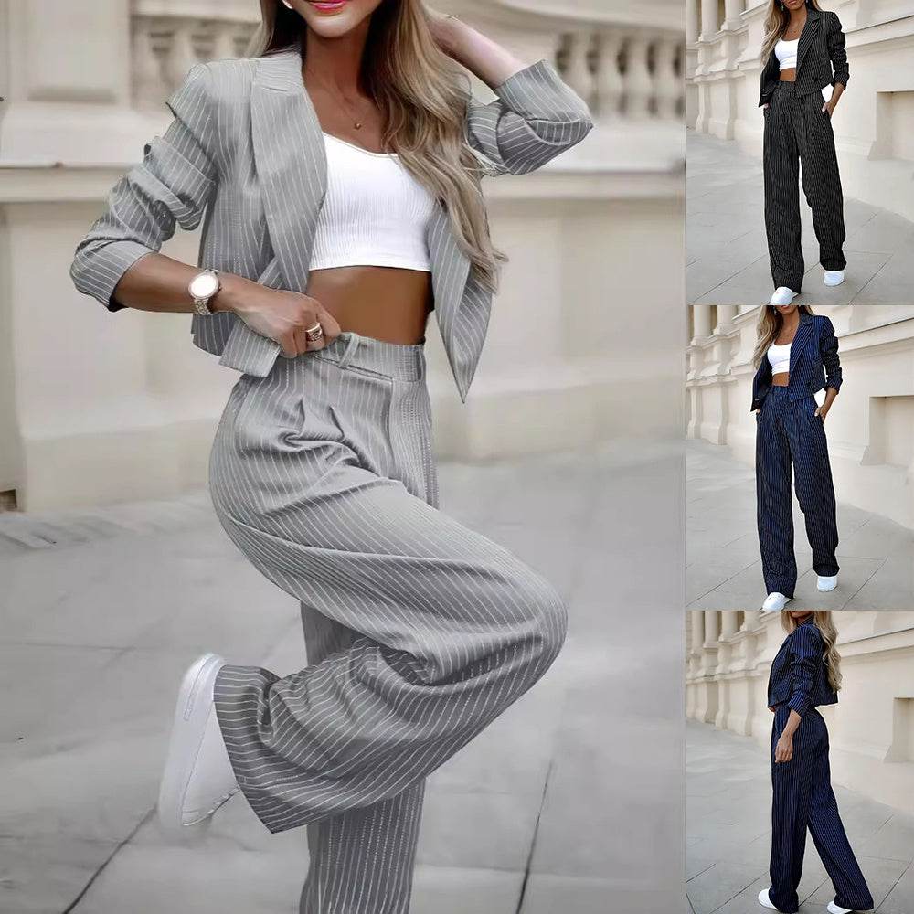 Fashion Striped Suits Casual Lapel Long Sleeve Cropped Top And Straight Pants Outfits Women's Clothing - Velora