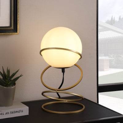 13.5 H Glass Globe Matte Gold Spiral 4 Ring Metal Stand Table Lamp For Living Room, Nightstand Bedside Table Lamp For Bedroom, LED Lamp - Velora