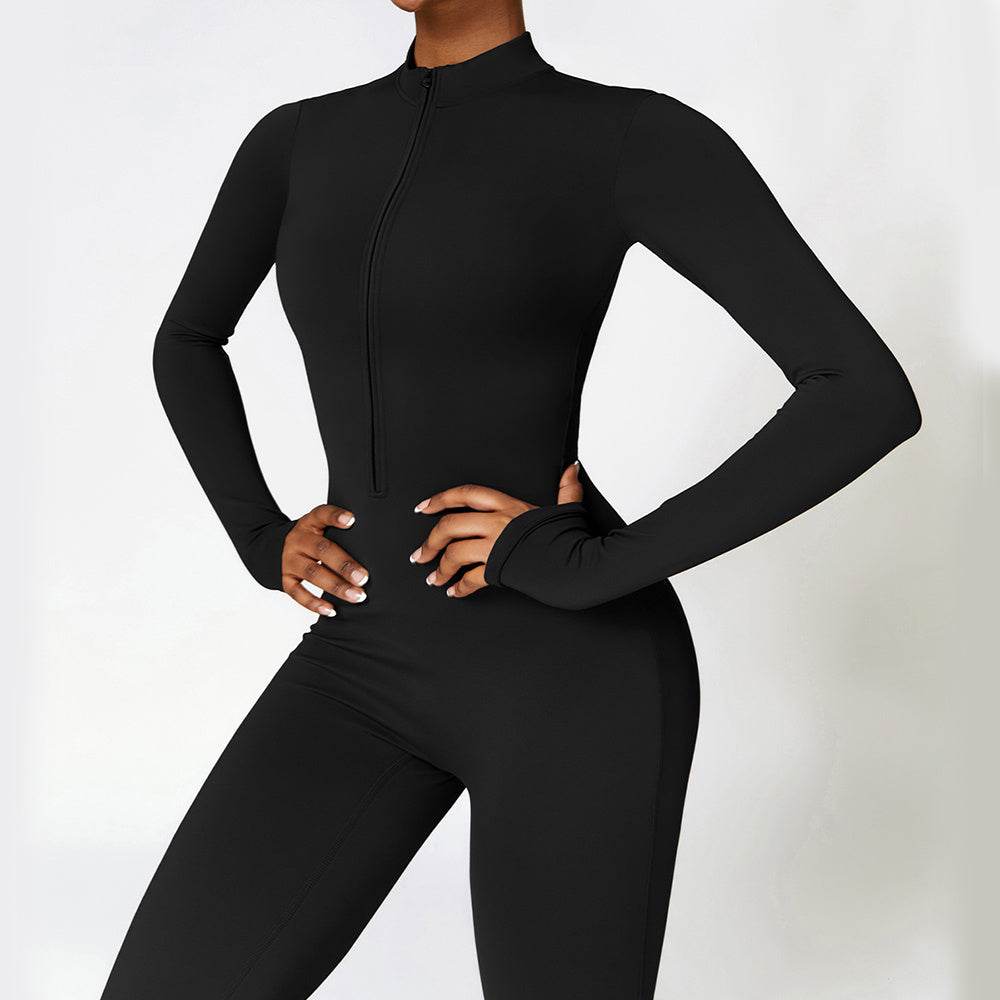 Warm Zipper Long-sleeved Jumpsuit Yoga Fitness Sports Pants Breathable Bodysuit Women's Clothing - Velora