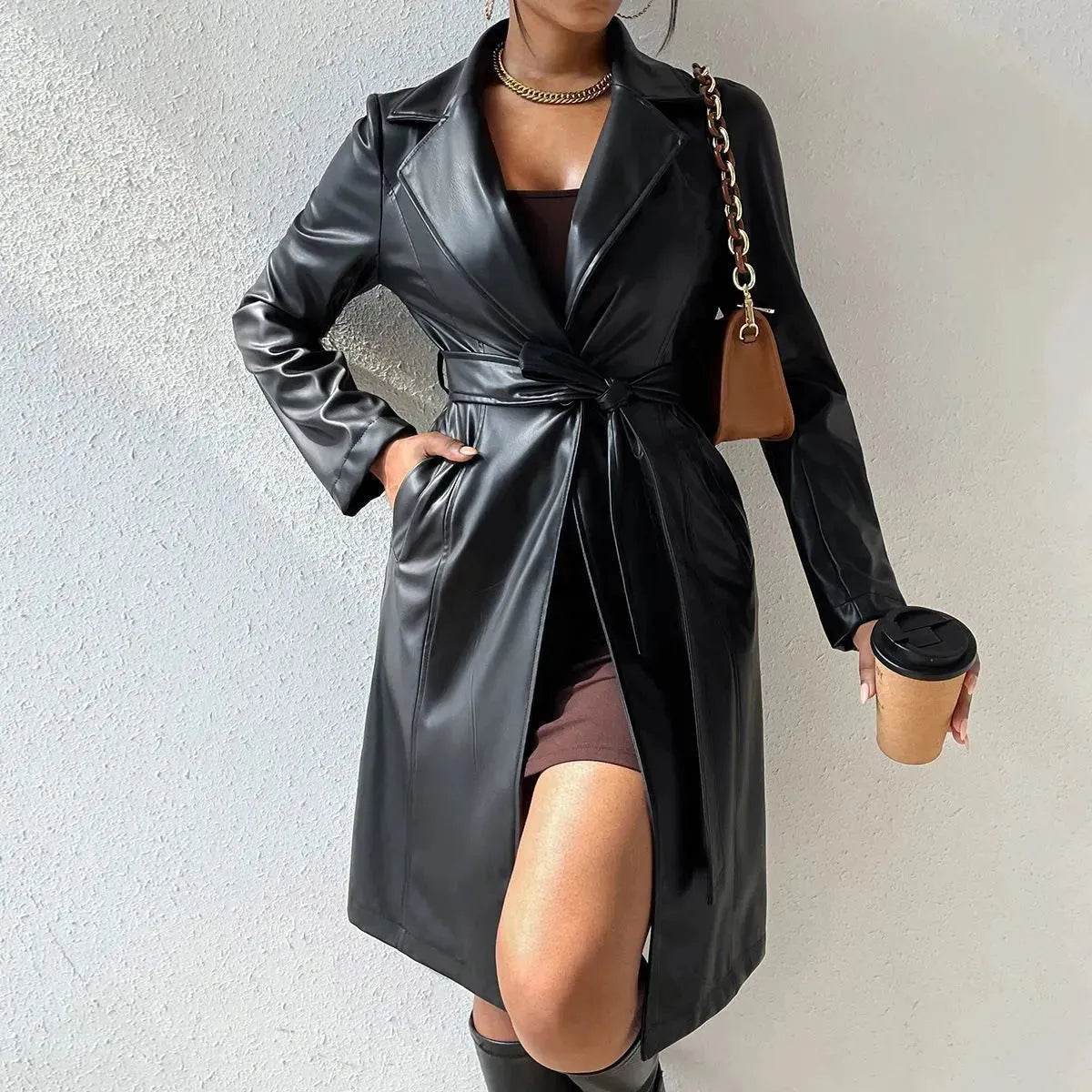 Fashionable Longline leather overcoat Jacket for women - Velora