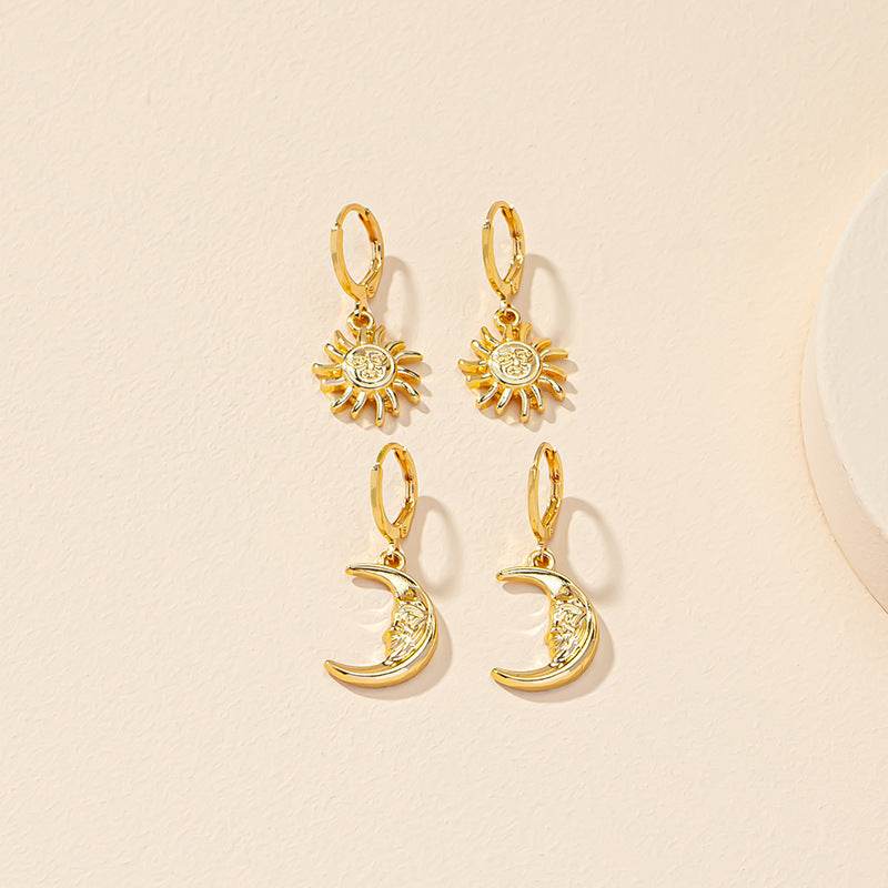 Popular Ornament Sun Moon Face Crescent Trendy Earrings - Velora
