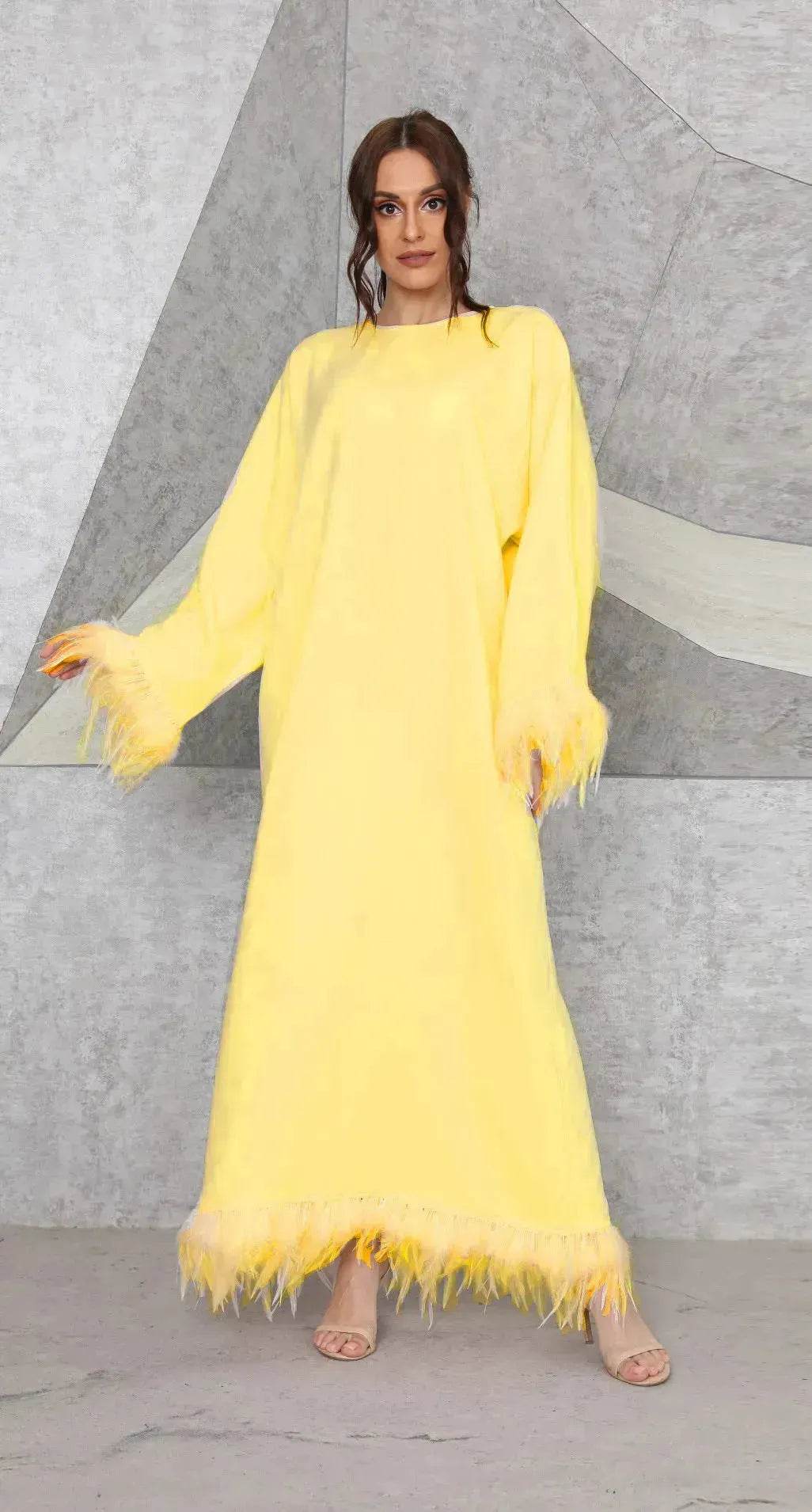 Feather Long Sleeve Middle East Arabic Elegant Round Neck Dress - Velora