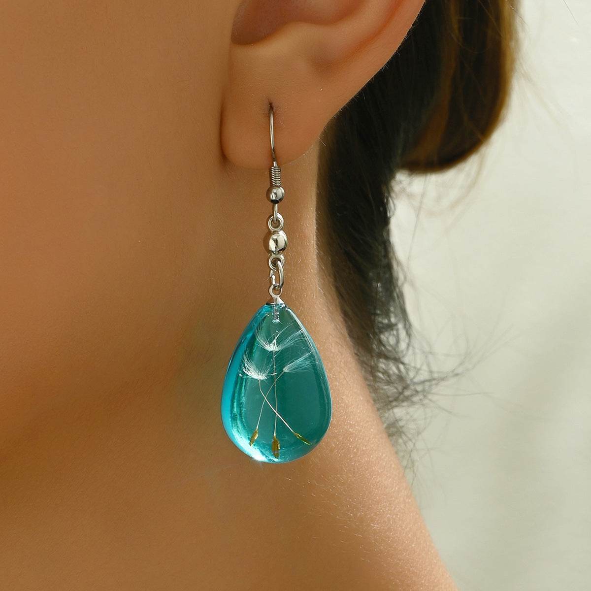 Simple Artistic Conception Epoxy Dandelion Dried Flower Pendant Earrings - Velora