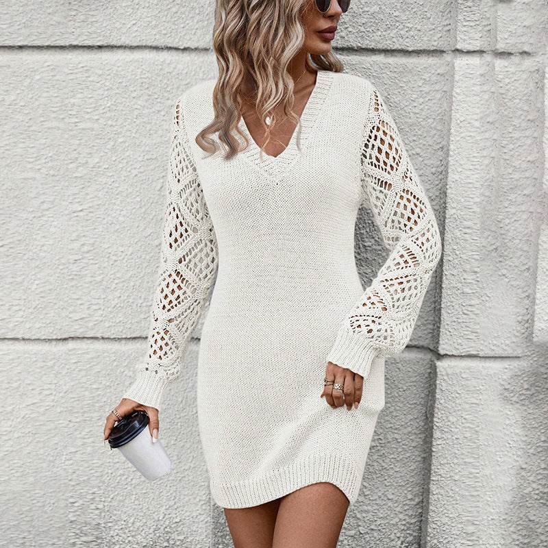 New V-neck Knitted Dress Fashion Solid Color Hollow Long-sleeved Sweater Dresses Women's Clothing - Velora