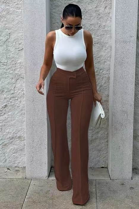 Slim Straight-leg Pants With Buckle Fashion Solid Color Trousers For Womens Clothing - Velora