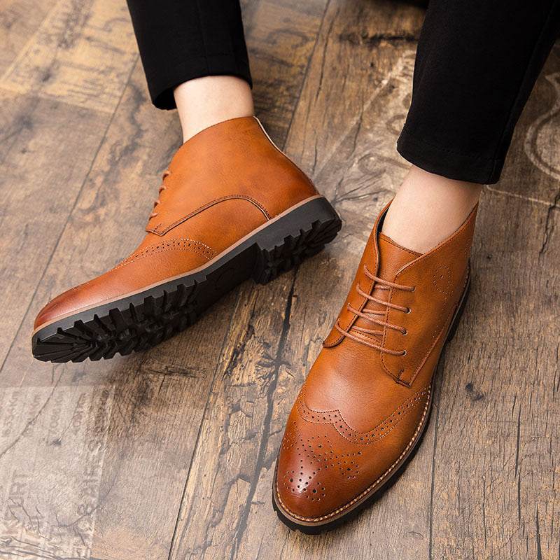 Simple Carved Casual Pointed Inner Height Increasing Leather Shoes - Velora