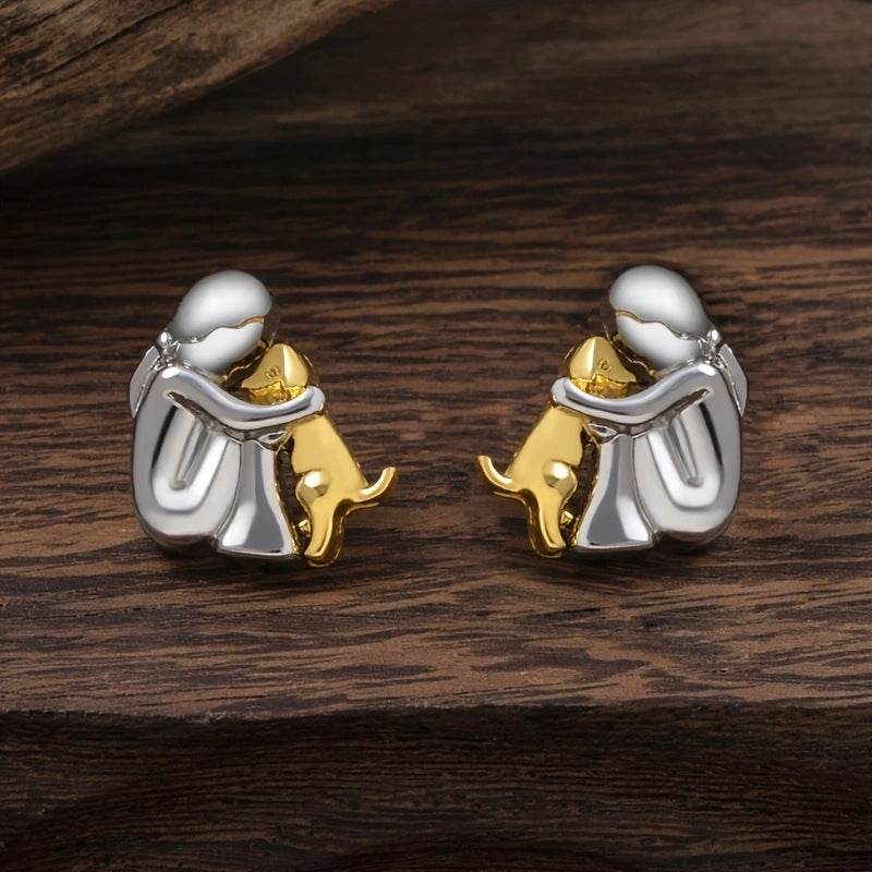 Fashion Jewelry Little Girl And Dog Hug Ear Studs - Velora