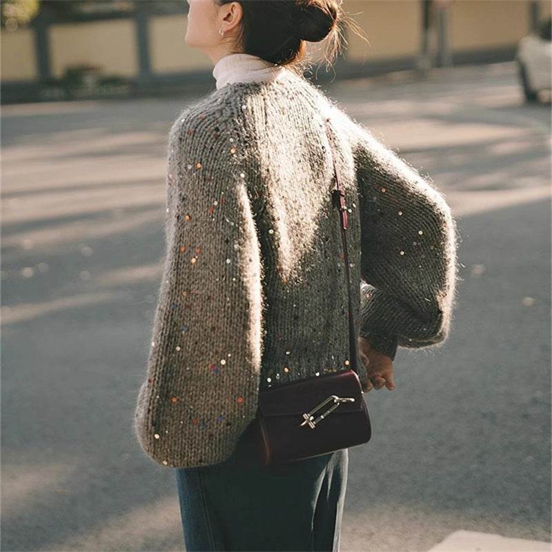 Retro Gray Sequins Sweater Cardigan Coat - Velora