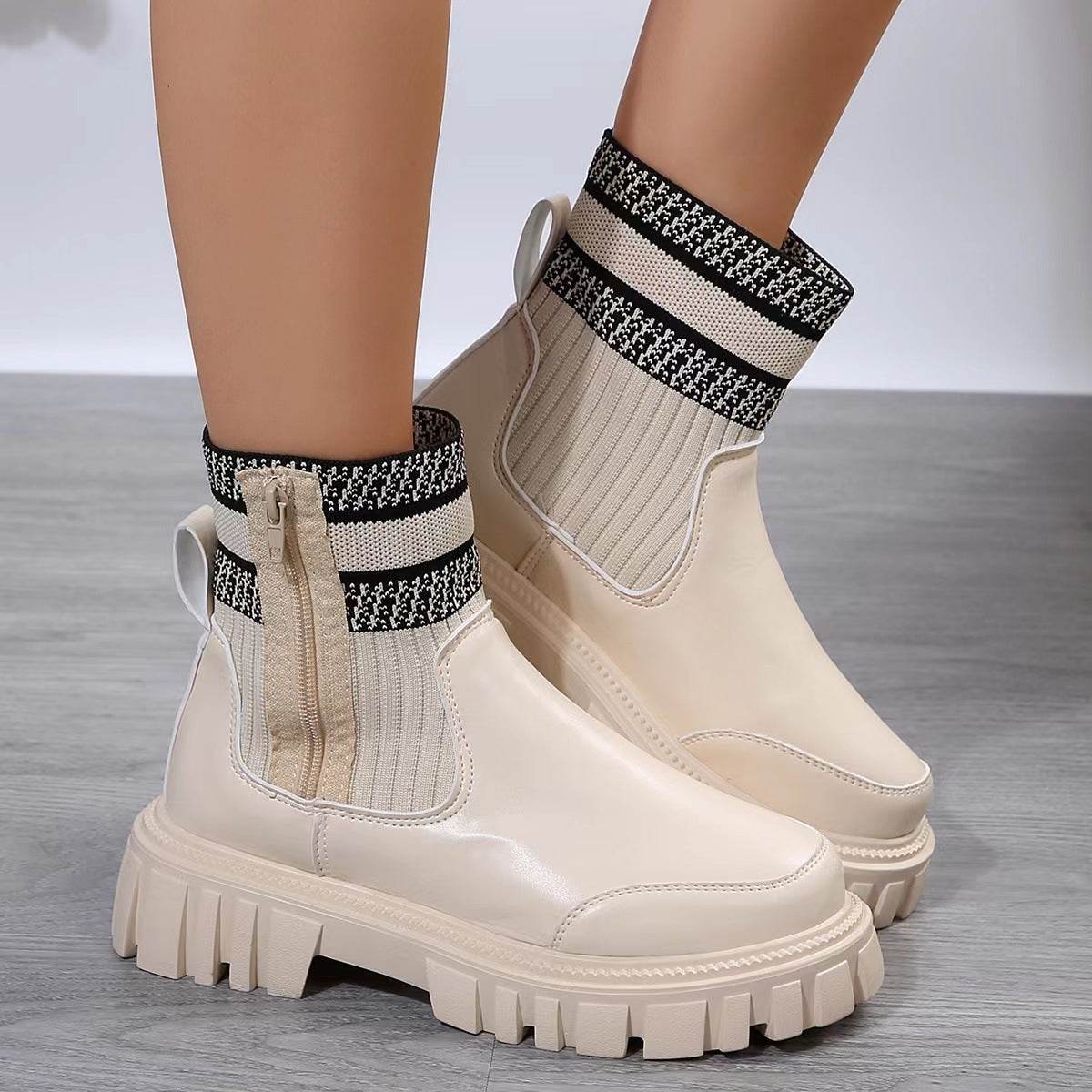 Fashion Mid-tube Boots With Zipper Design Non-slip Thick Sole Elastic Knitted Patchwork Boots For Women Round Toe Shoes Winter - Velora