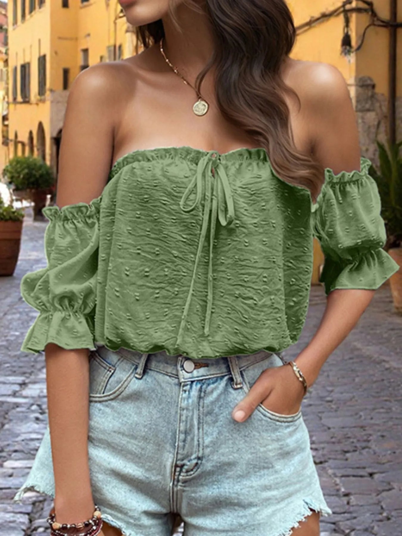 Off-Shoulder Swiss Dot Blouse with Tie Front Detail - Velora