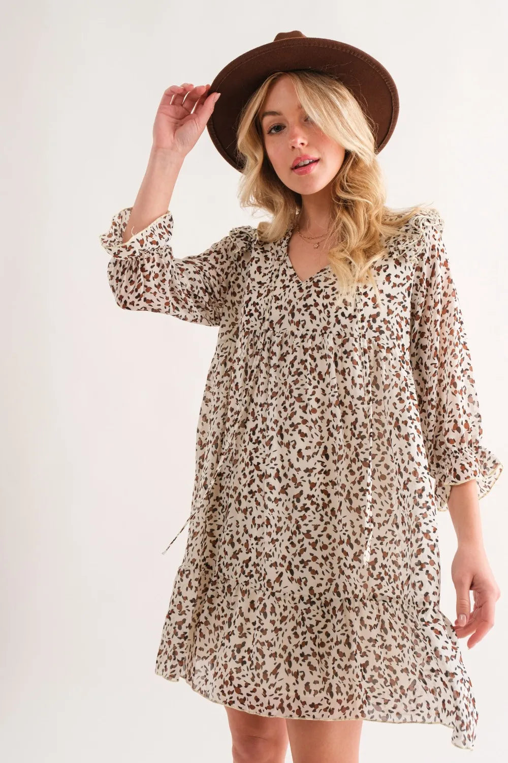 And The Why Leopard Ruffle Hem Woven Mini Dress - Velora