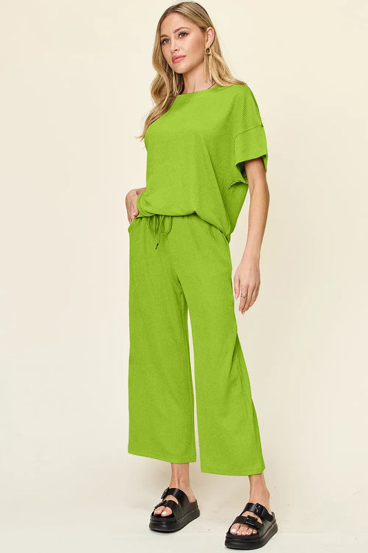 Double Take Full Size Texture Round Neck Short Sleeve T-Shirt and Wide Leg Pants - Velora