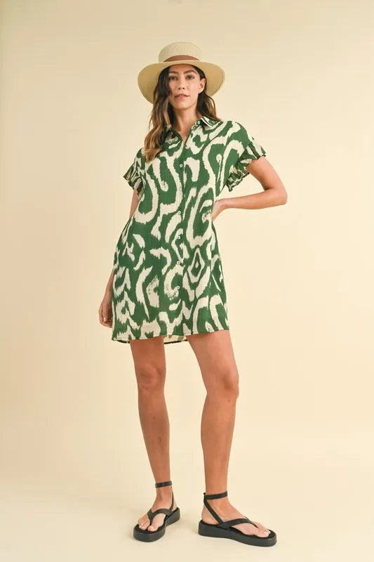 Annie Wear Abstract Printed Frill Sleeve Shirt Mini Dress - Velora