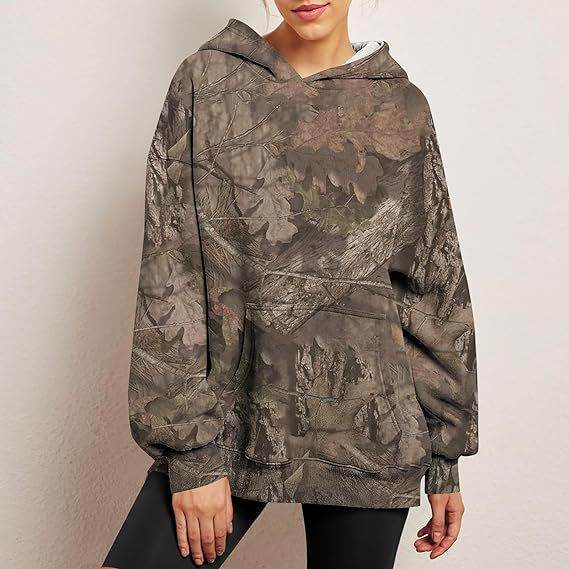 Camouflage Hoodie Maple Leaf Print Oversized Sports Hoodie With Pocket Break - Velora