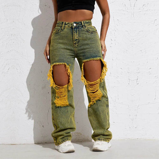 Shascullfites Melody Yellow Wash Streetwear Split Loose Straight Ripped Baggy Jeans Y2K Retro Women Denim Pants - Velora