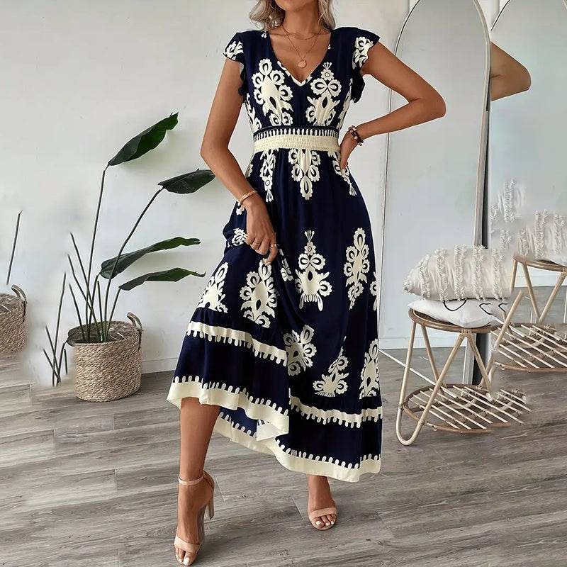 Women's Summer Flowy Maxi Dress Casual Cap Sleeve V Neck Smocked Waist Beach Sundress - Velora