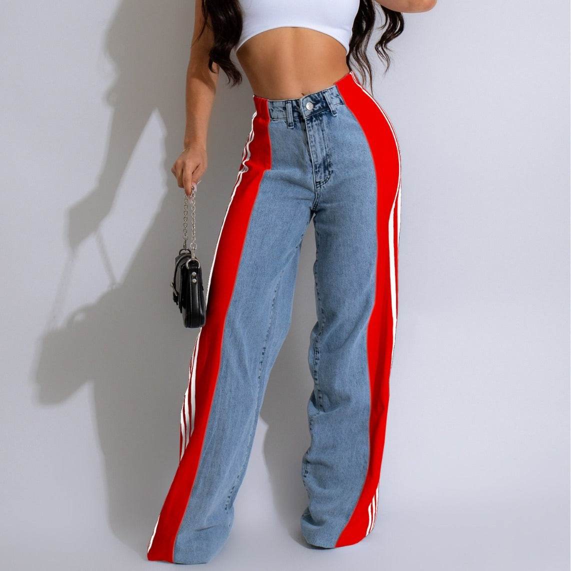 2024 Fashion Casual High Waist Elastic Straight Leg Trousers Three Stripe Patchwork Denim Wide Leg Pants Streetwear - Velora