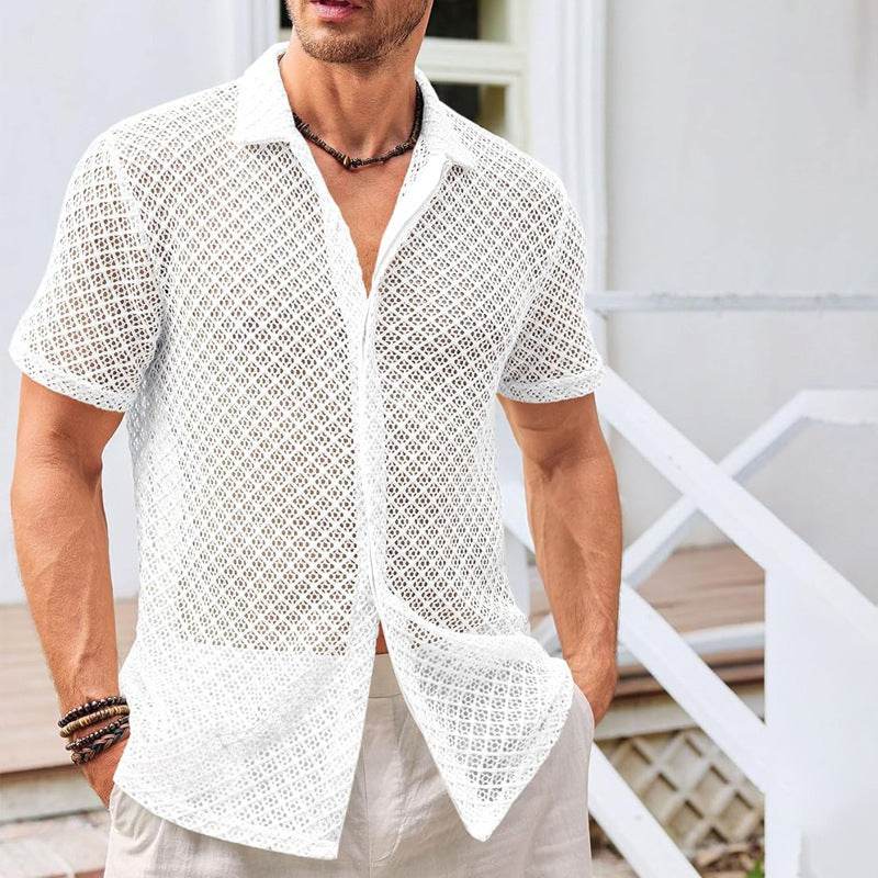 Fashion Solid Color Polo Collar Short Sleeve Mesh Shirt Tops Men Clothing - Velora
