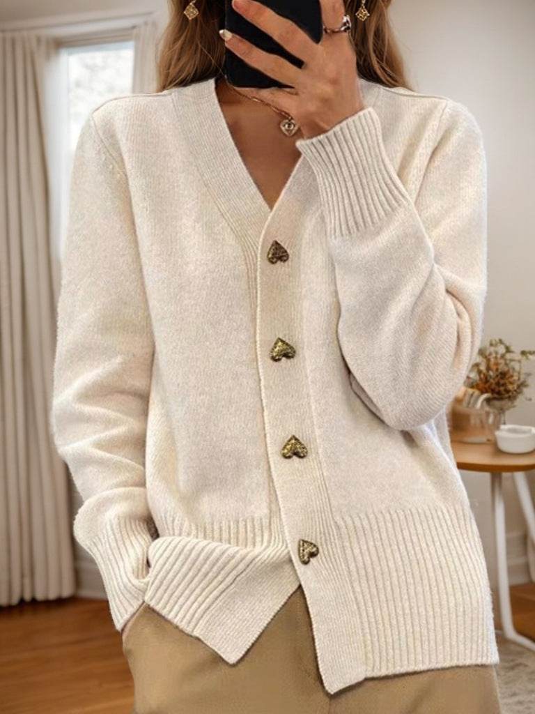 V-neck Knitted Sweater With Love Button Fashion Solid Long-sleeved Cardigan Spring And Autumn Women's Clothing - Velora