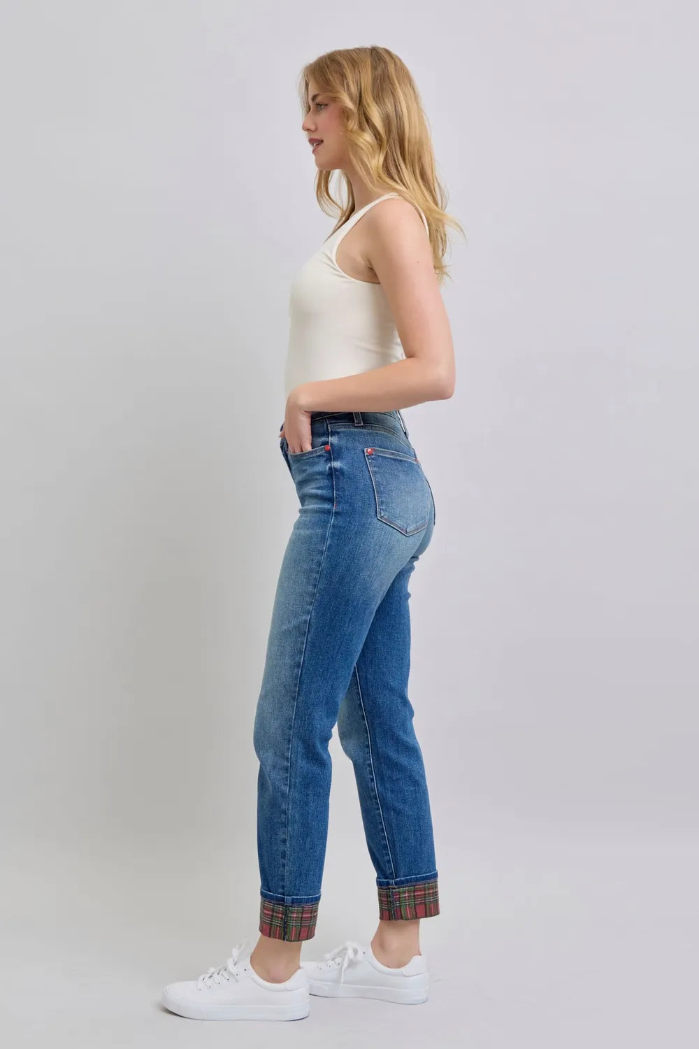 Judy Blue Full Size Plaid Print Cuff Straight Leg Jeans with Pockets - Velora