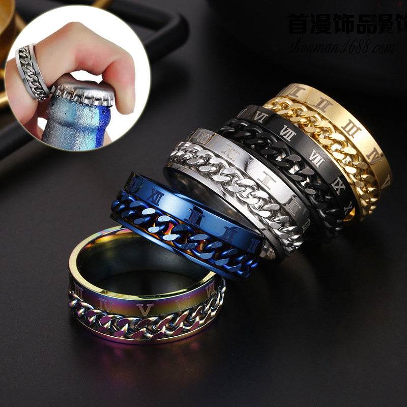 Roman Letter Rotatable Chain Rings Men Digital Titanium Steel RingFor Couple High Quality Multifunctional Bottle Opener Ring Spinner Jewelry Punk Gifts - Velora
