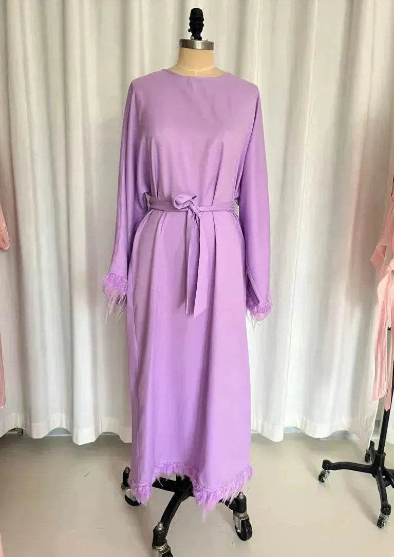 Feather Long Sleeve Middle East Arabic Elegant Round Neck Dress - Velora
