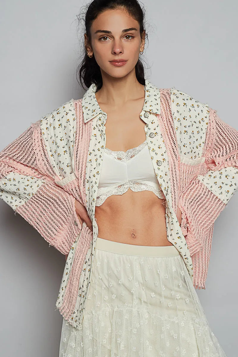 POL Floral Crochet Patchwork Long Sleeve Shirt - Velora
