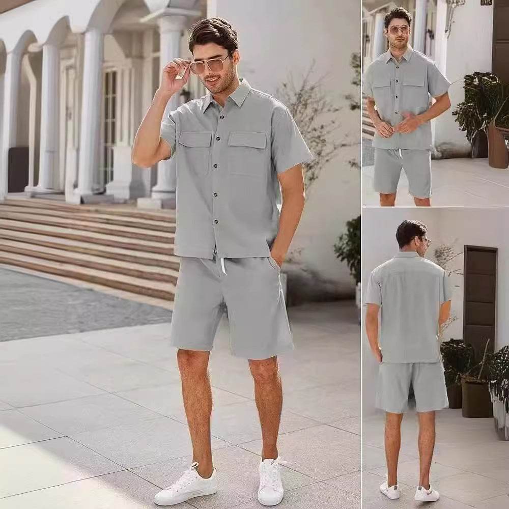 Summer Suits Men Short Sleeve Lapel Pockets Shirt And Drawstring Shorts Sports Fashion Leisure Men's Clothing - Velora