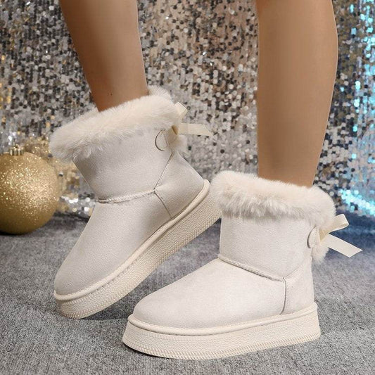 Winter Snow Boots With Bowknot Fashion Round Toe Flat Thickened Suede Cotton Shoes For Women Casual Warm Plush Short Boot - Velora