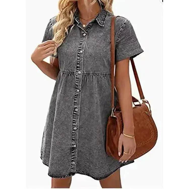 European And American Washed Denim Lapel Ruffled Denim Dress Jeans Flared dress Casual Denim mini dress - Velora