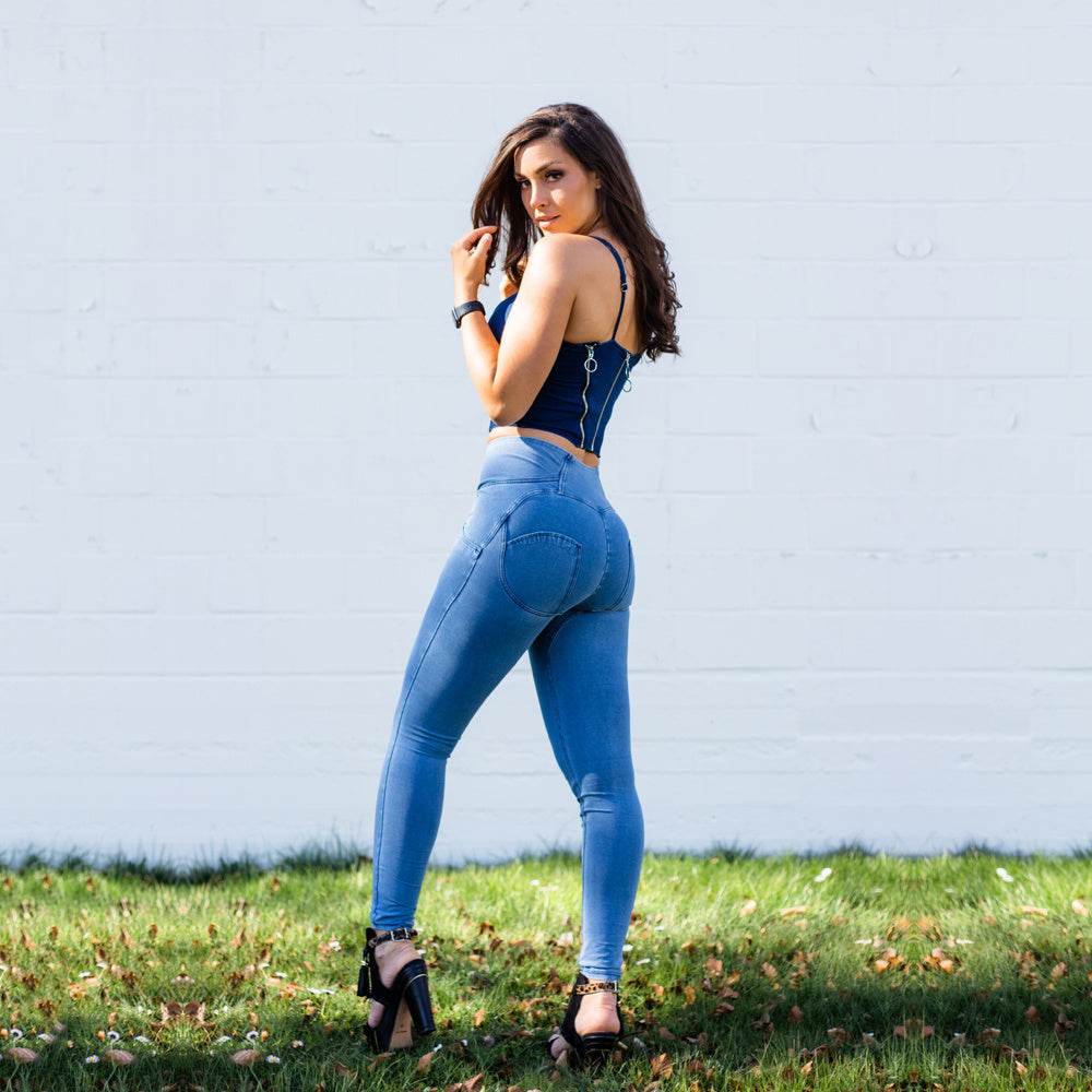 Shascullfites Shaper Set Light Blue Lift Jeggings Sets High Waist Jeans Crop Top Two Piece Sets Womens Outifits - Velora