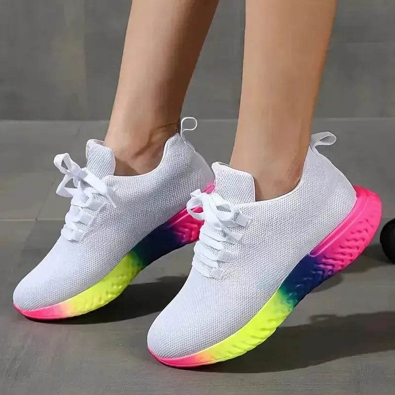 Rainbow sneaker - Lace-up Mesh Shoes With Rainbow Sole Design Fashion Walking Running Sports Shoes Sneakers For Women - Velora