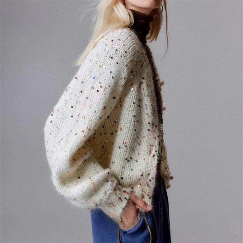 Retro Gray Sequins Sweater Cardigan Coat - Velora