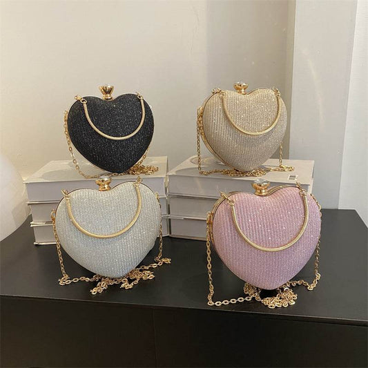 Evening Clutch Bag Women Bag Shiny Handbag Heart Shape Metal Clutches Bag Fashion Chain Shoulder Crossbody Bag Luxury Lady Purse Valentines Day Outfit - Velora