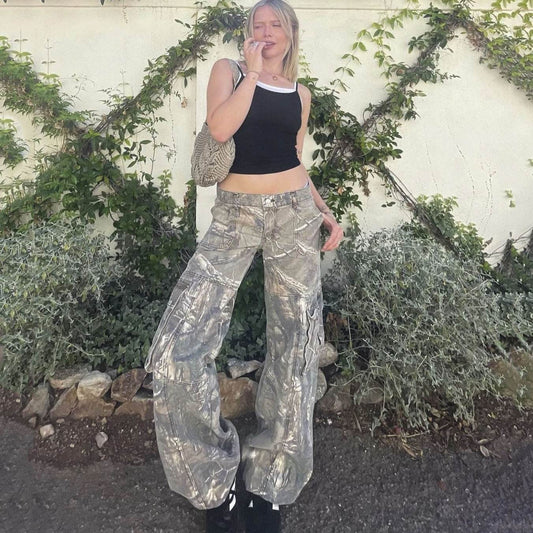 Casual Camouflage Cargo Pants Loose Overalls Summer Low Waist Straight Trousers With Pockets - Velora