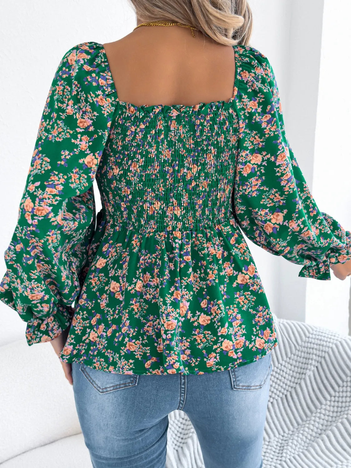 Floral Square Neck Flounce Sleeve Blouse - Velora