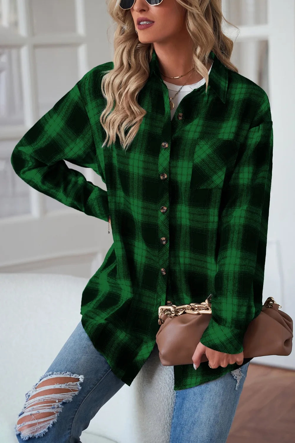 Plaid Button Up Dropped Shoulder Outerwear - Velora