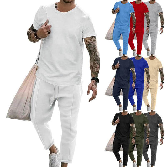Round Neck Short Sleeve T-shirt Casual Fashion Men's Trousers Suit - Velora