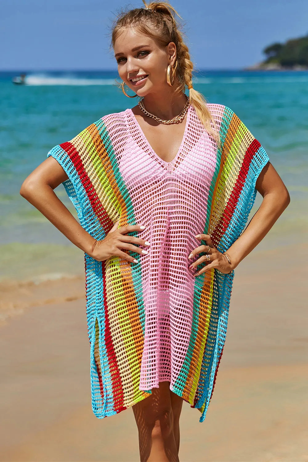 Angel Wings Openwork Striped Slit Knit Cover Up - Velora