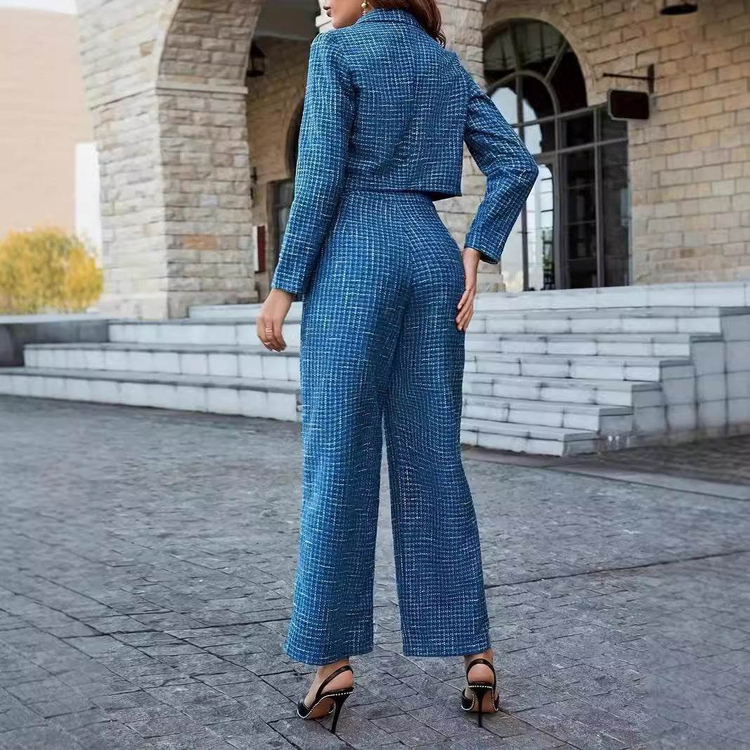 Women's Lapel Double Button Blazer And Wide Leg Pants - Velora