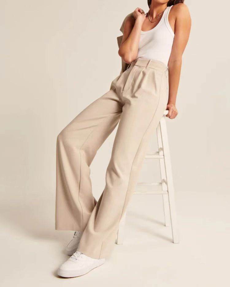 High Waist Straight Trousers With Pockets Wide Leg Casual Pants For Women - Velora